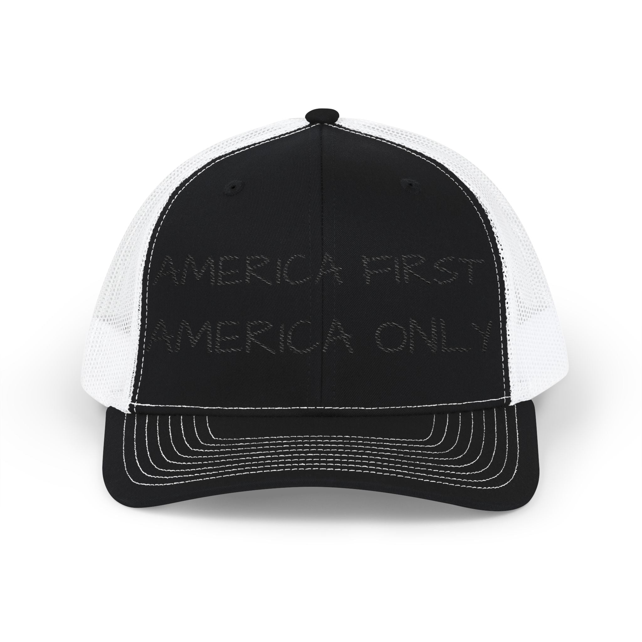 Embroidered Trucker Hat — "America First, America Only" Mesh Snapback