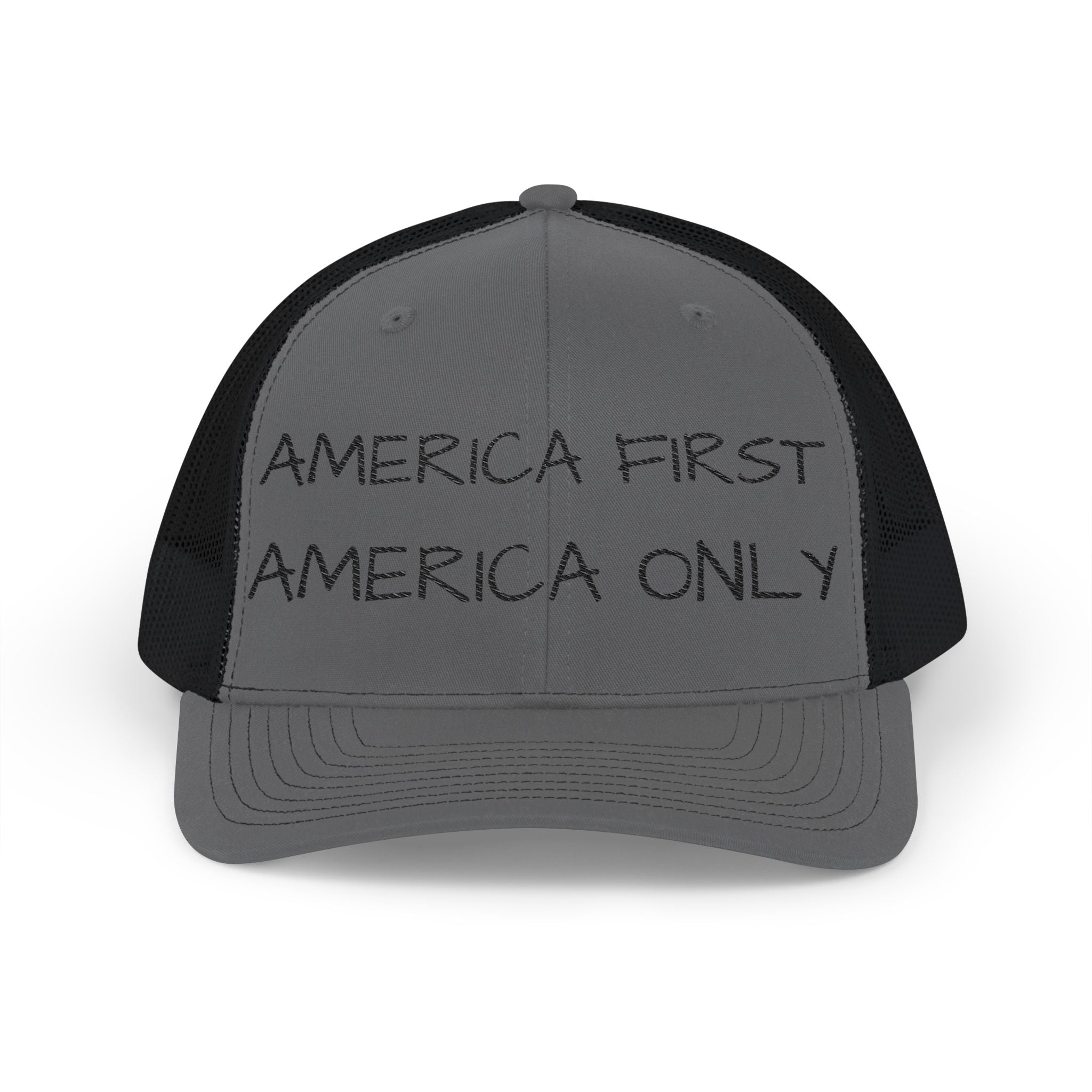Embroidered Trucker Hat — "America First, America Only" Mesh Snapback
