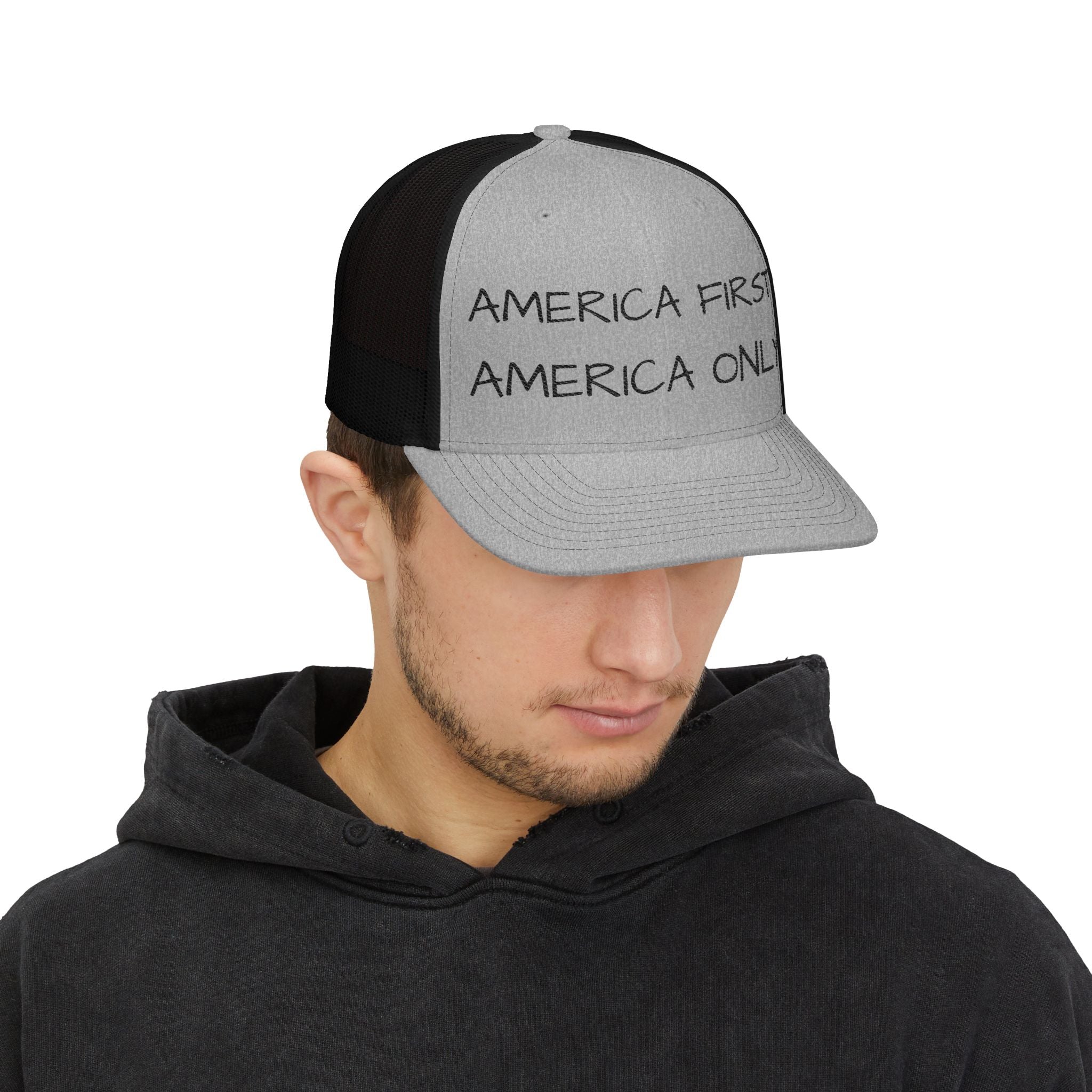 Embroidered Trucker Hat — "America First, America Only" Mesh Snapback