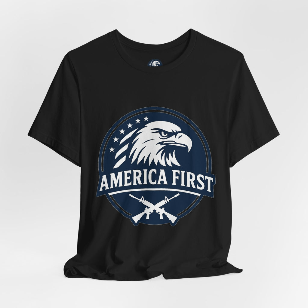 America First Eagle T-Shirt – Patriotic Flag & Rifle Graphic Tee
