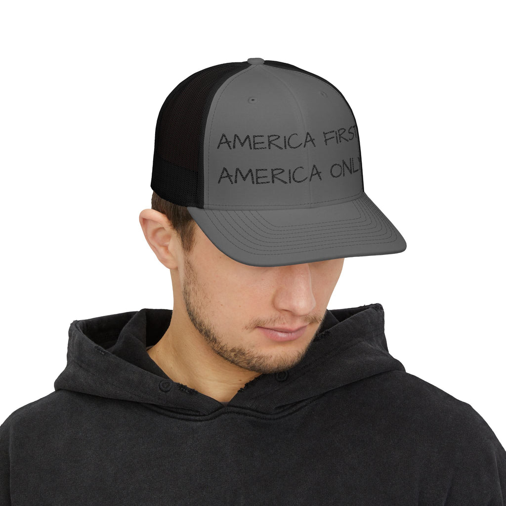 Embroidered Trucker Hat — "America First, America Only" Mesh Snapback