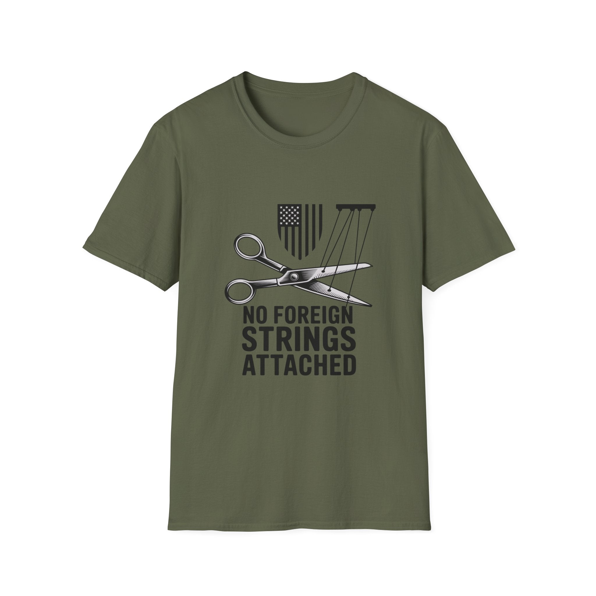 T-Shirt — "No Foreign Strings Attached" Patriotic Scissors Design