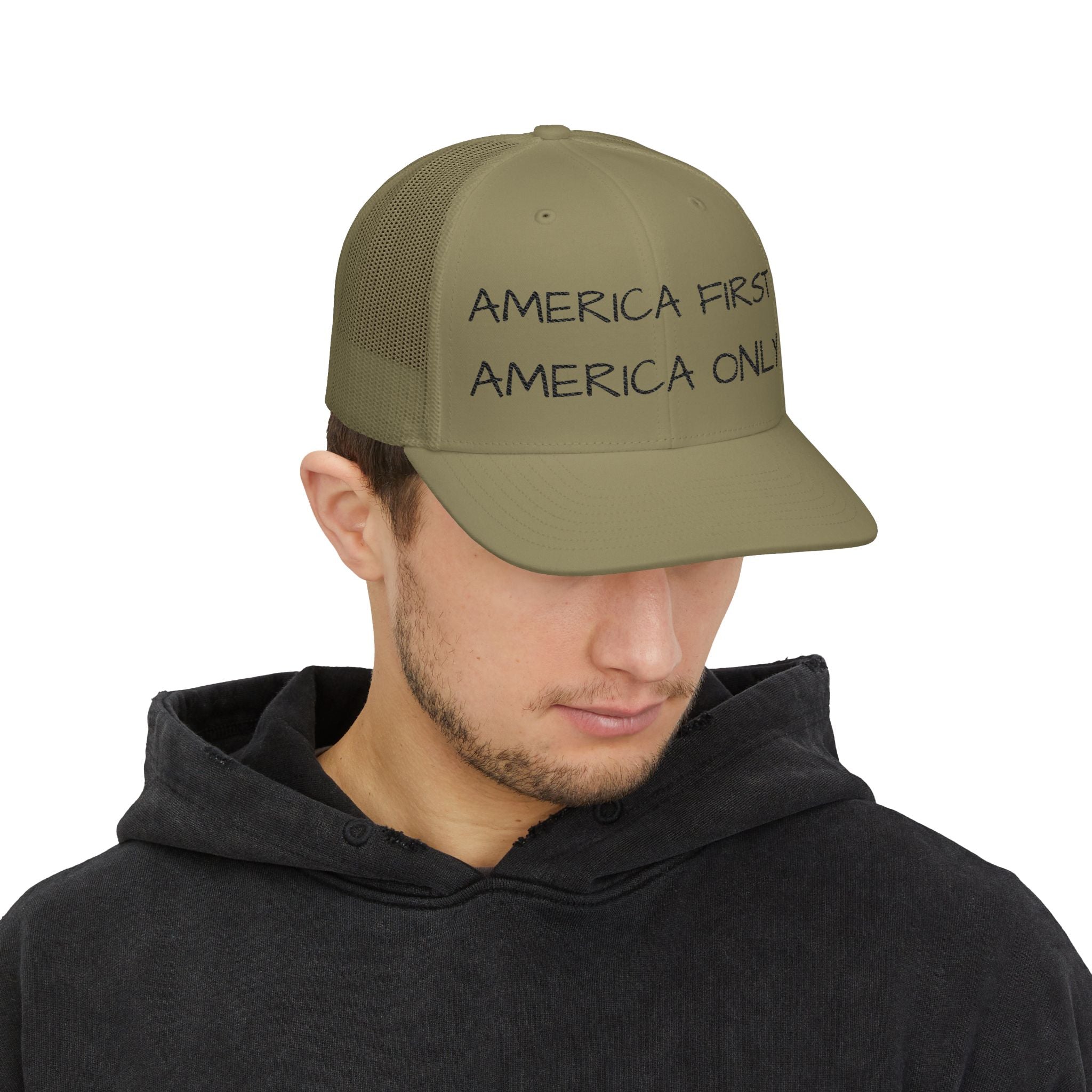 Embroidered Trucker Hat — "America First, America Only" Mesh Snapback
