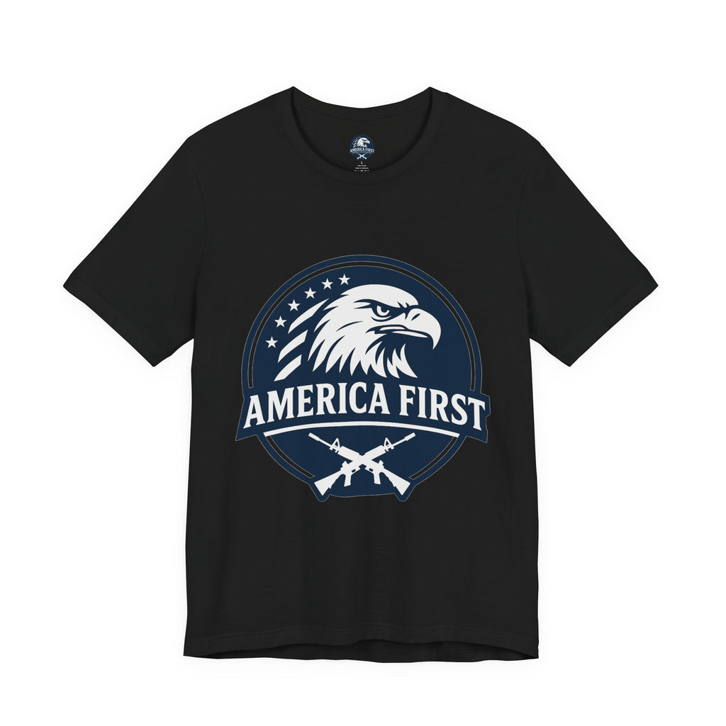 America First Eagle T-Shirt – Patriotic Flag & Rifle Graphic Tee