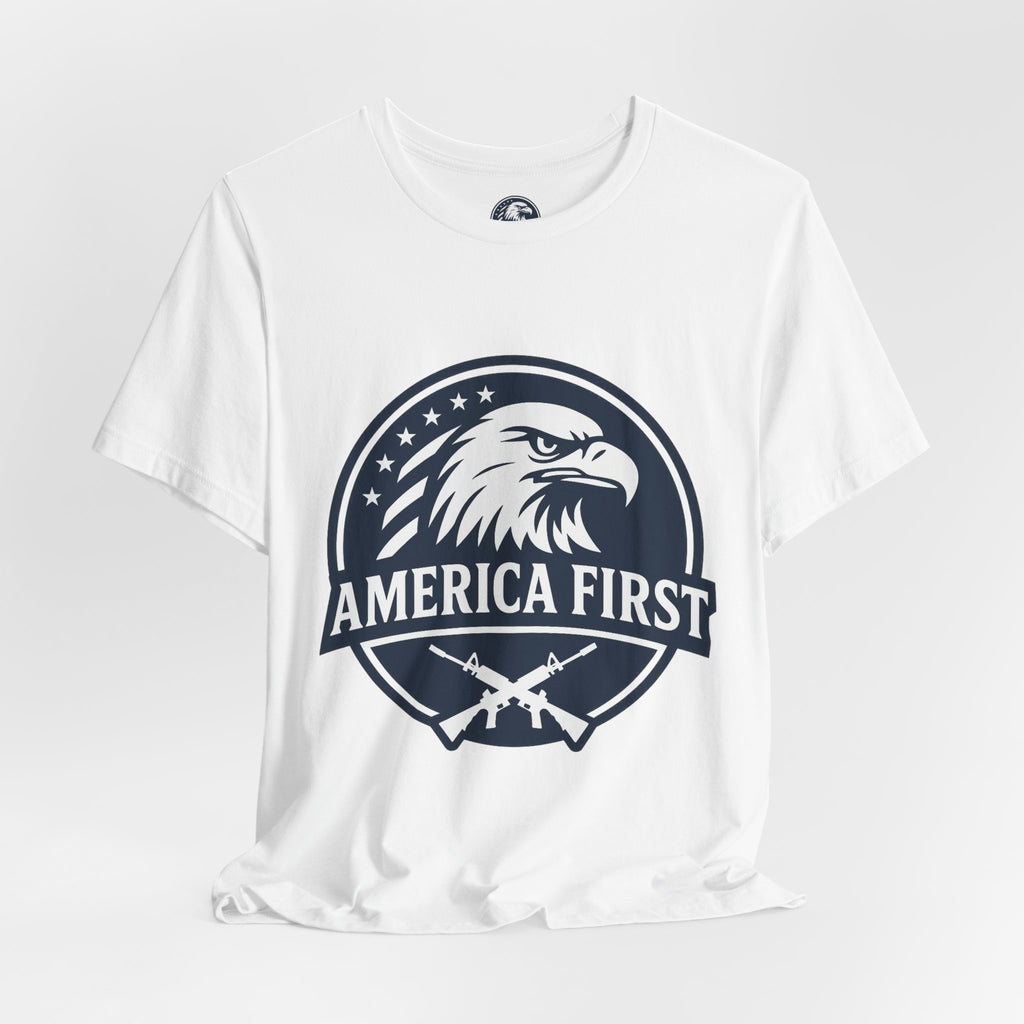 America First Eagle T-Shirt – Patriotic Flag & Rifle Graphic Tee