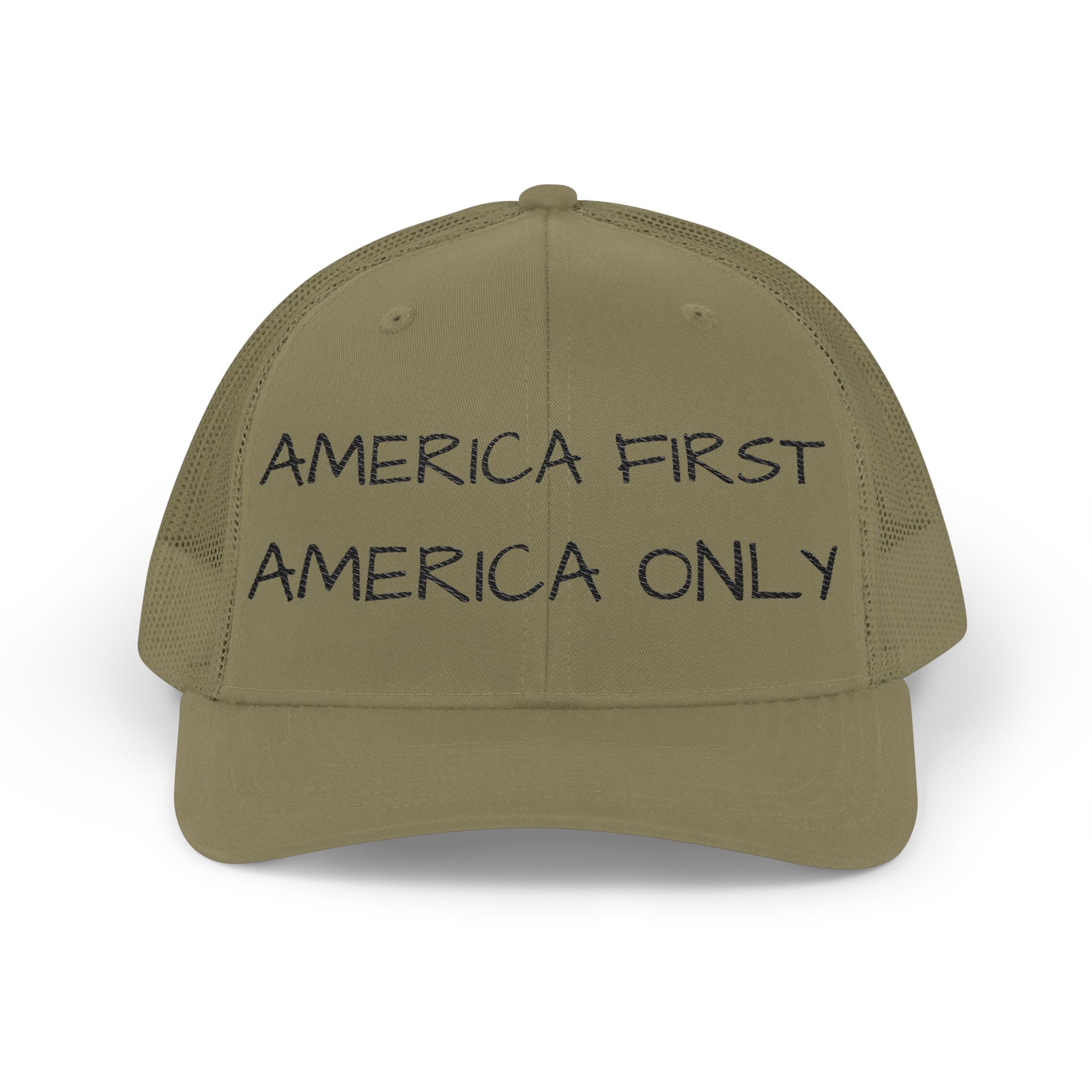 Embroidered Trucker Hat — "America First, America Only" Mesh Snapback