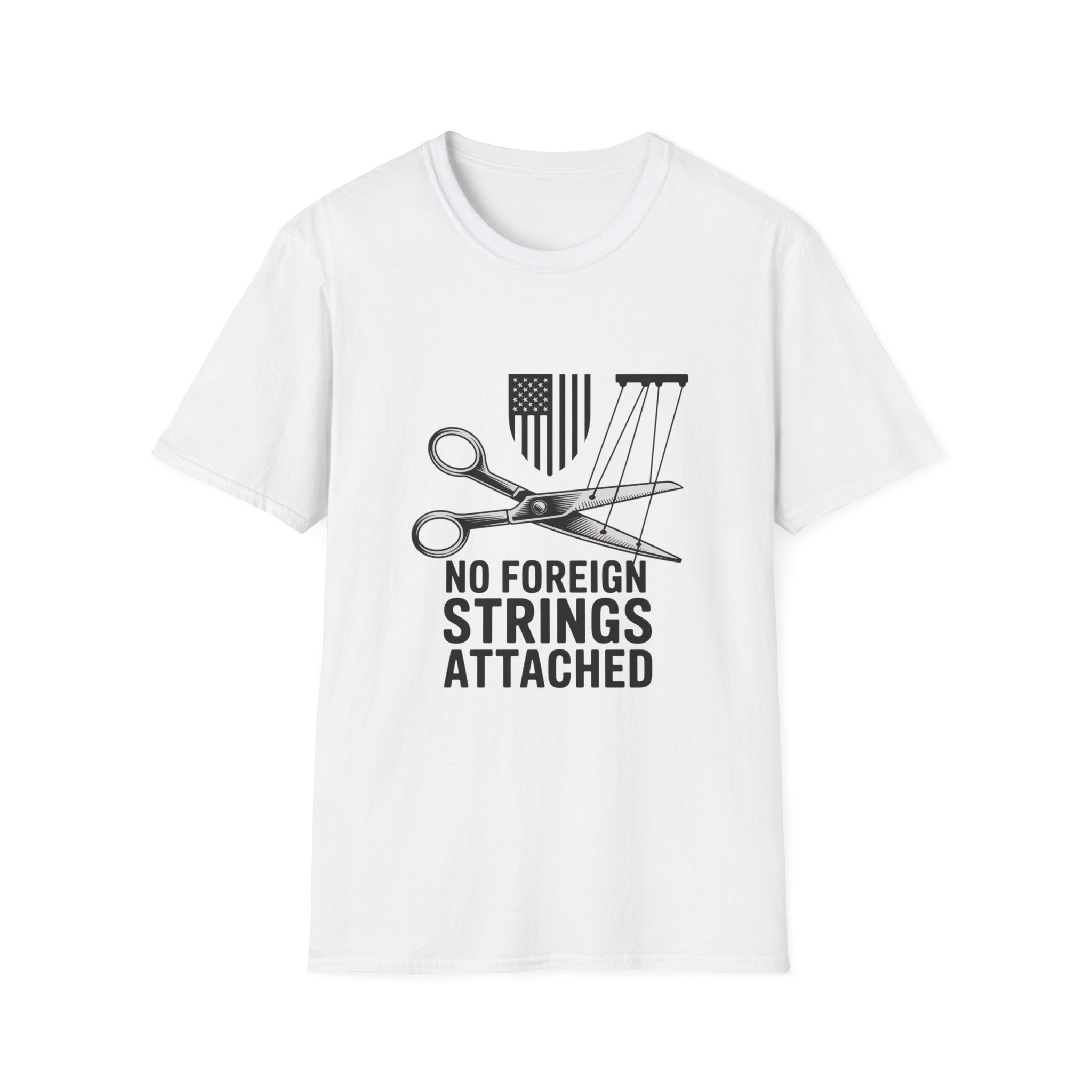 T-Shirt — "No Foreign Strings Attached" Patriotic Scissors Design