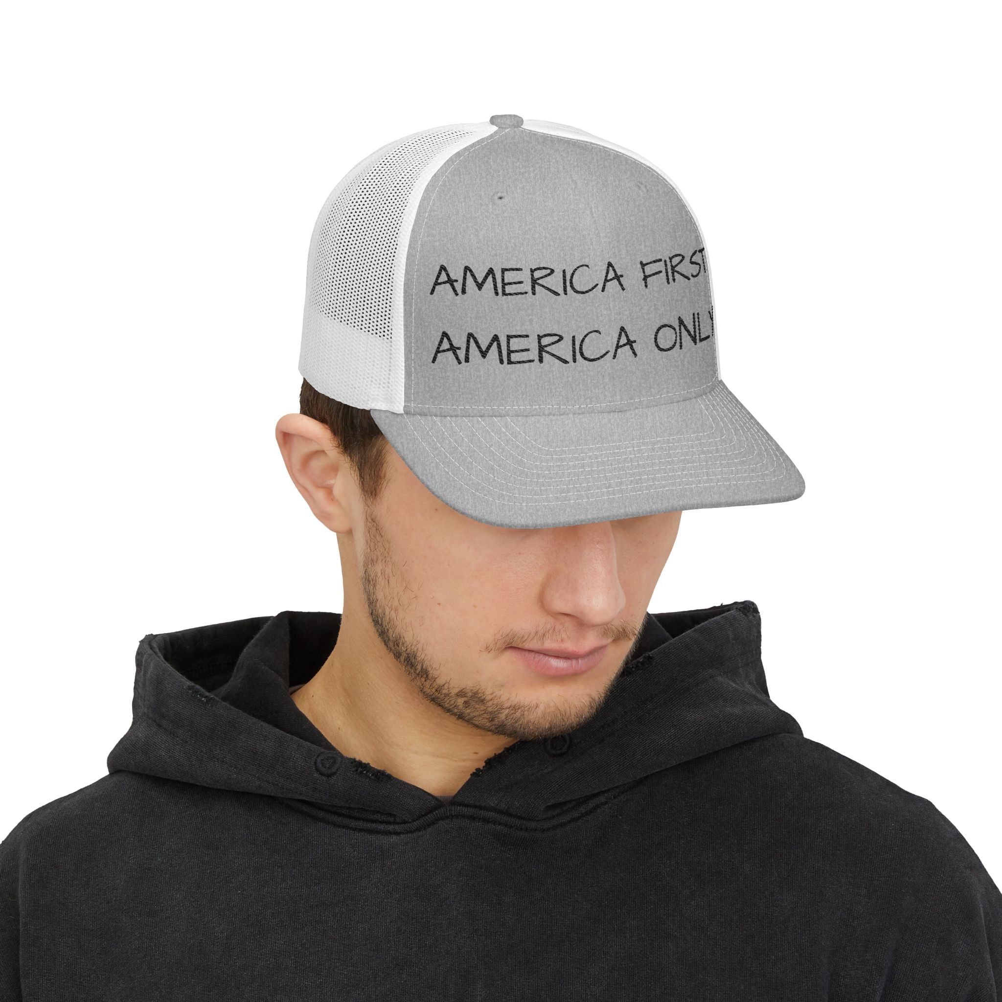 Embroidered Trucker Hat — "America First, America Only" Mesh Snapback