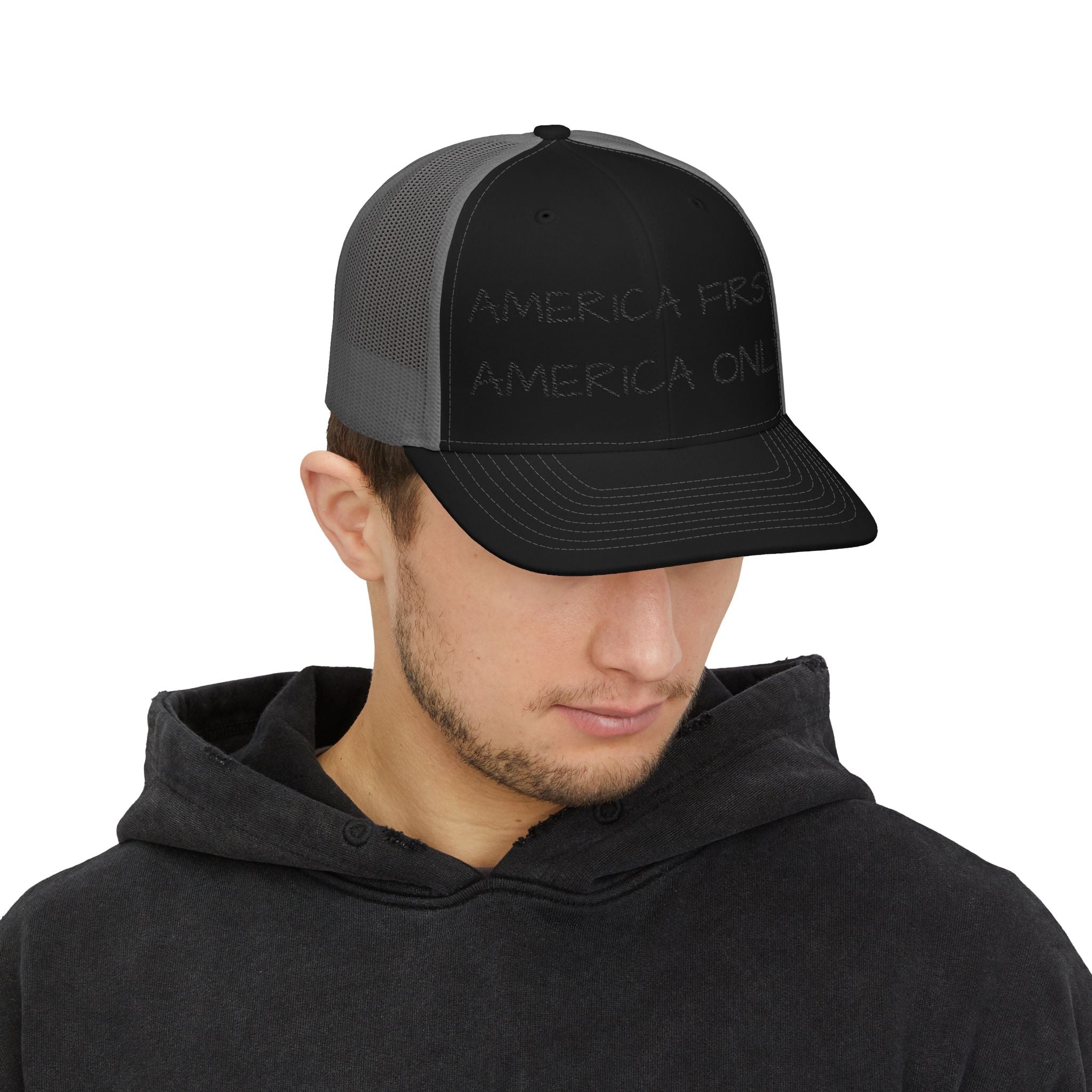 Embroidered Trucker Hat — "America First, America Only" Mesh Snapback