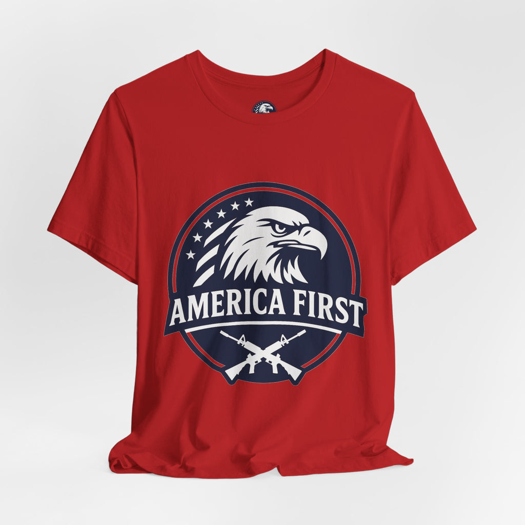 America First Eagle T-Shirt – Patriotic Flag & Rifle Graphic Tee
